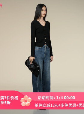 XG/雪歌黑色修身毛针织衫2025冬季新款绵羊毛开衫女XK411001A190