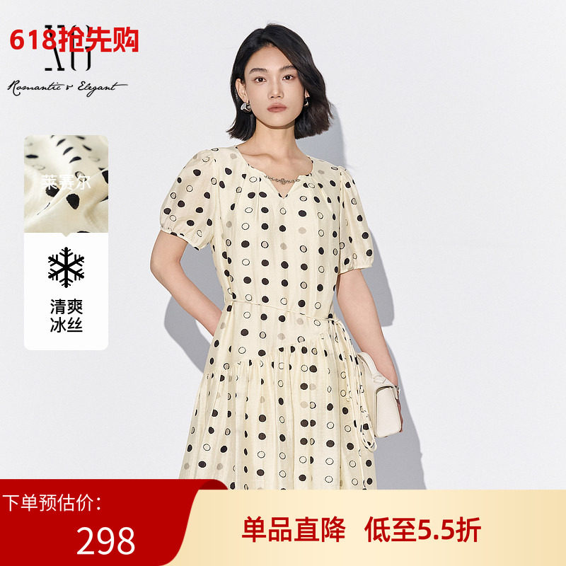 雪歌2025夏季新款通勤淑女休闲V领波点短袖连衣裙女XL204853B806