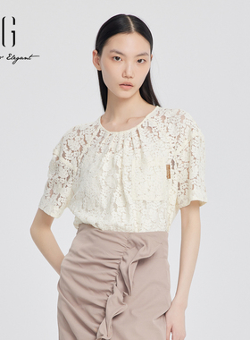 xg雪歌2024夏新款雅致通勤镂空提花蕾丝衫女短袖衬衫XJ221020A591