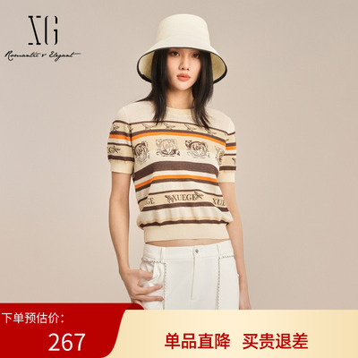 XG/雪歌2025夏季新款时尚气质提花V领短袖针织衫上衣XK211009B591