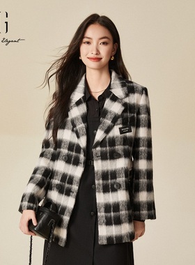 xg雪歌复古黑白格纹羊毛外套女2024冬新款气质呢大衣XJ410054B495