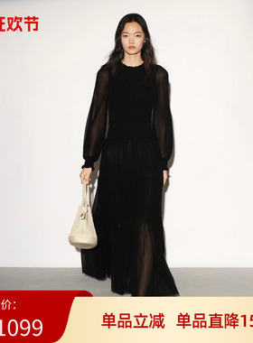 XG雪歌黑色立领花苞长袖连衣长裙气质2026秋季新款女XL304014A290