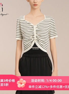 XG/雪歌2025夏季新款百搭显瘦条纹短袖针织衫女上衣XK211014B199