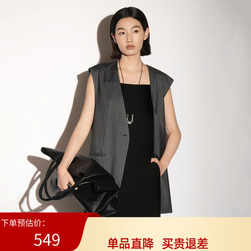 XG雪歌黑灰条纹无领西装马夹外套2026秋季新款直筒女XL324003B199