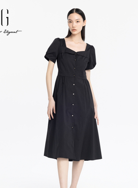 xg雪歌法式方领连衣裙女2024夏新款显瘦黑色高腰裙子XJ204017A290
