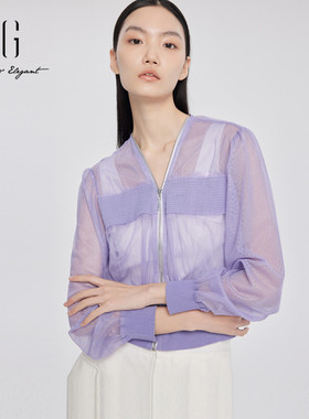XG雪歌2024夏季新款灰紫色薄款长袖宽松短款外套女装XJ207005A187
