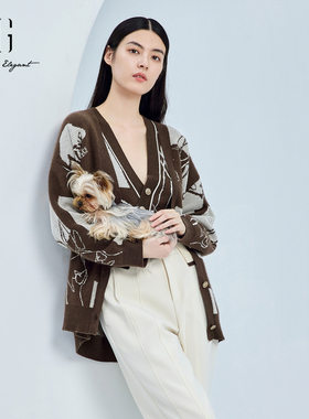 雪歌2024秋季新款复古深V领长袖毛针织衫开衫毛衣女XJ311040A672