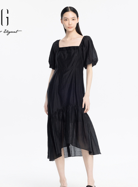 xg雪歌黑色方领连衣裙女气质优雅2024夏季新款长裙XJ204006A390