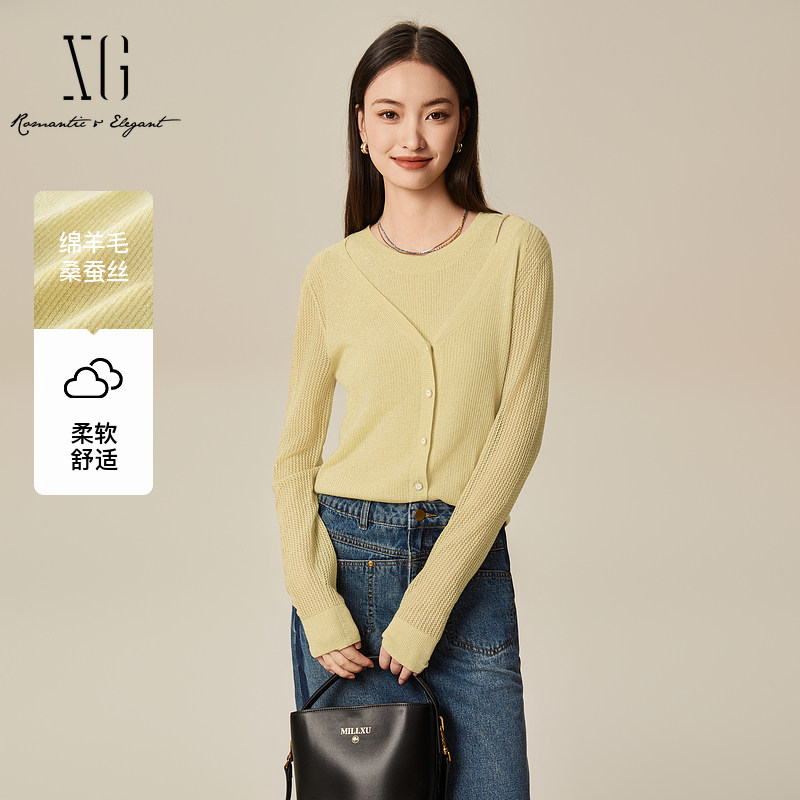 XG雪歌2025春款显瘦简约百搭优雅假两件套头针织衫女XL111508A830图片