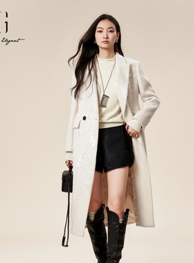 XG雪歌2024冬季新款亮片点缀米白色长款毛呢外套女装XJ410060A391
