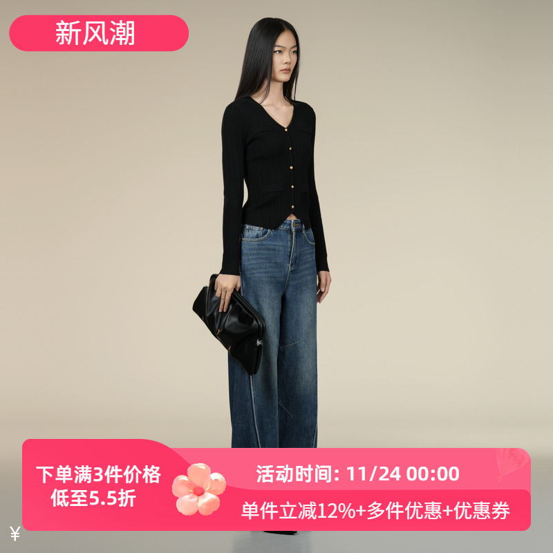 XG/雪歌黑色修身毛针织衫2025冬季新款绵羊毛开衫女XK411001A190