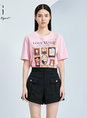 XG雪歌趣味印花短袖T恤女2024秋季新款减龄套头上衣XJ301004A608