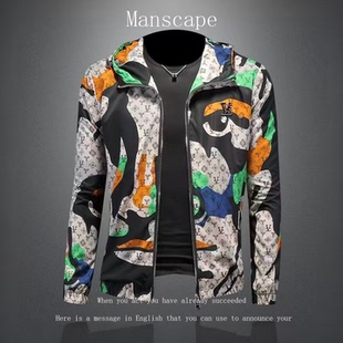 轻奢2026春夏季薄款防晒衣夹克男士潮牌迷彩印花连帽修身外套男款