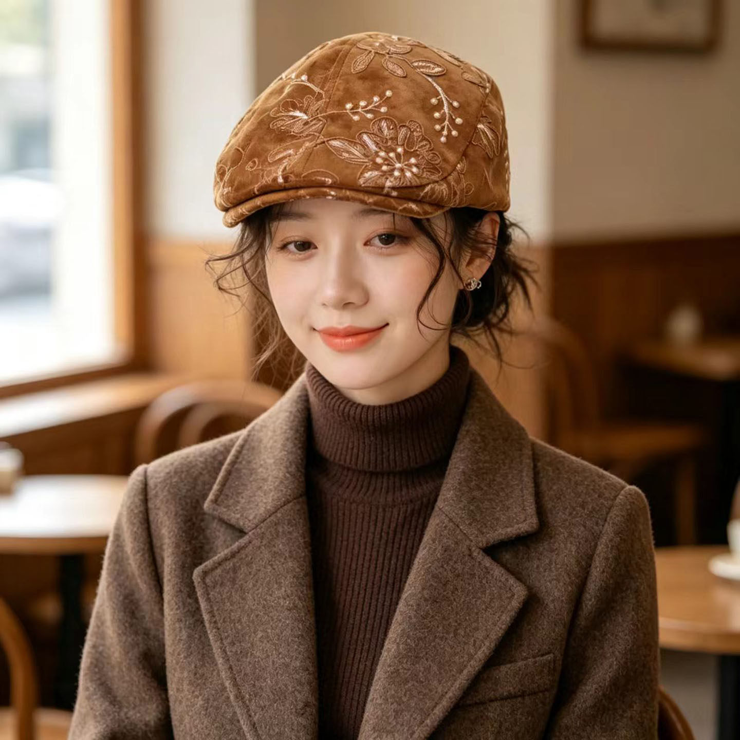 复古亮片刺绣前进帽秋冬季帽子女款2026新款文艺风优雅气质贝雷帽