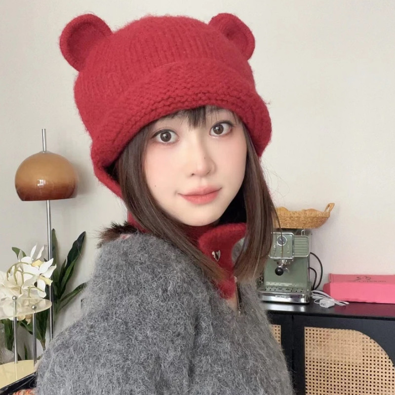 日系可爱立体小熊耳朵毛线帽子女秋冬新款保暖针织防寒护脖护耳帽