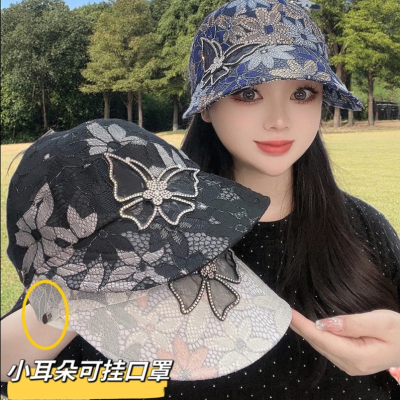新款2025国潮风鸭舌帽子女夏季设计款可折叠空顶帽可挂口罩防晒帽