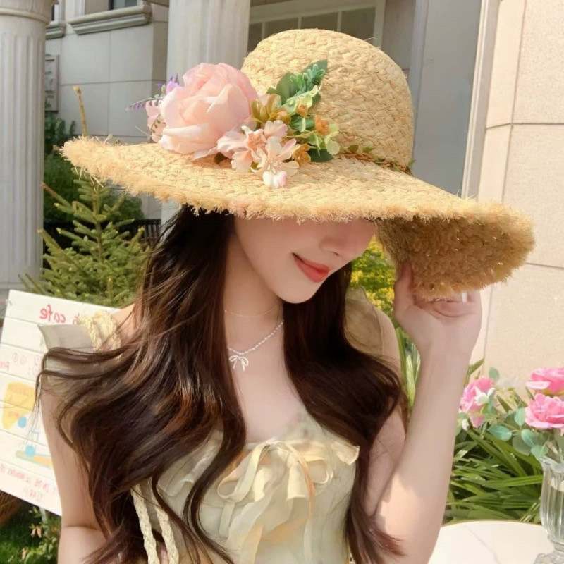 法式花朵拉菲草帽女夏大帽檐手工编织遮阳防晒帽海边度假太阳帽子