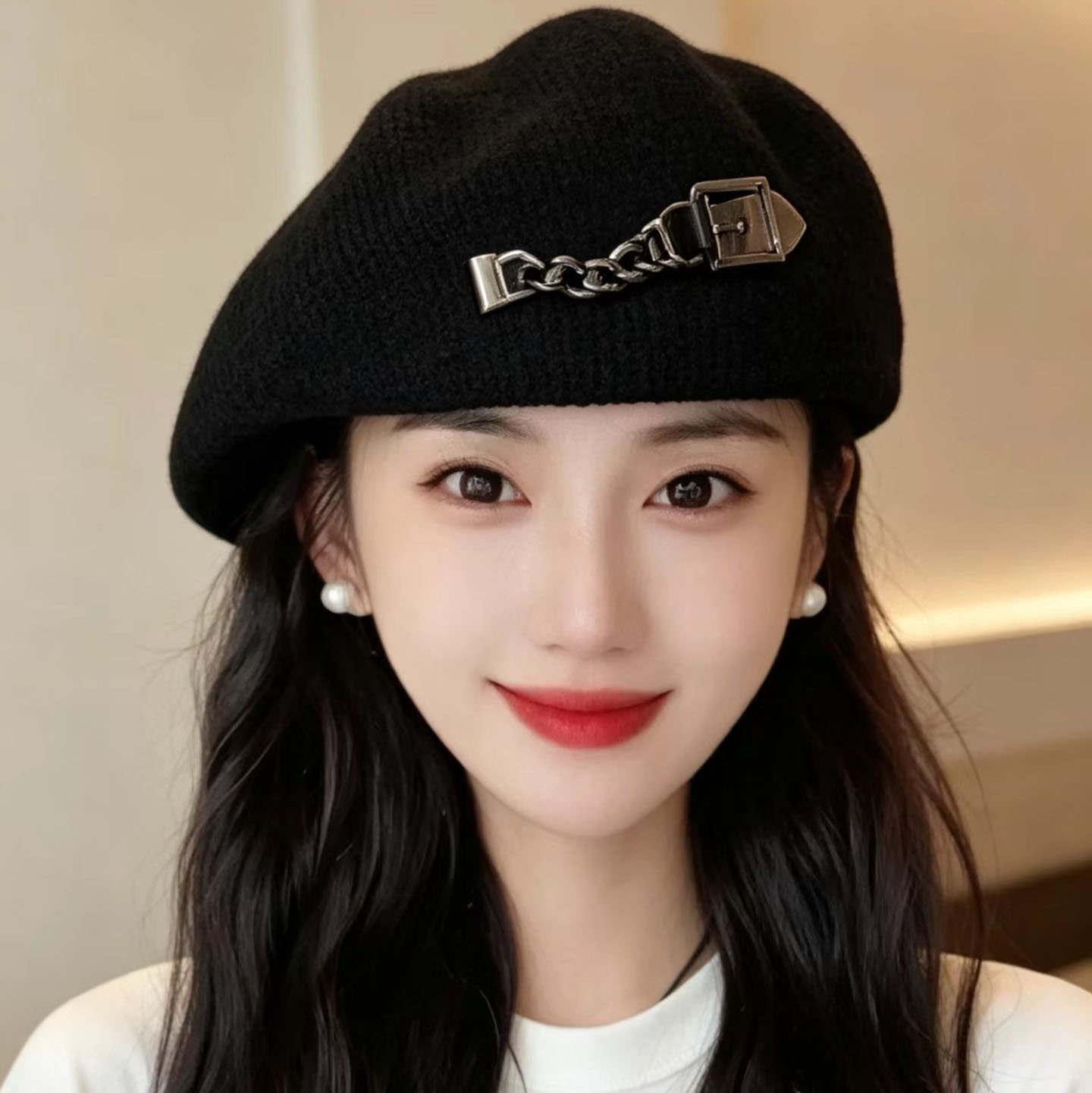 链条贝雷帽子女秋冬显脸小反戴前进帽韩版潮百搭大头围鸭舌画家帽