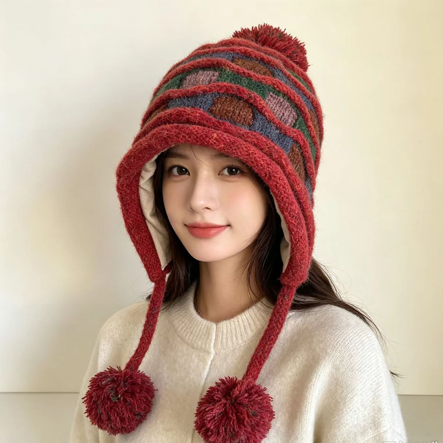 新款手工复古流苏彩色帽子女冬季保暖百搭加厚防寒针织护耳毛线帽