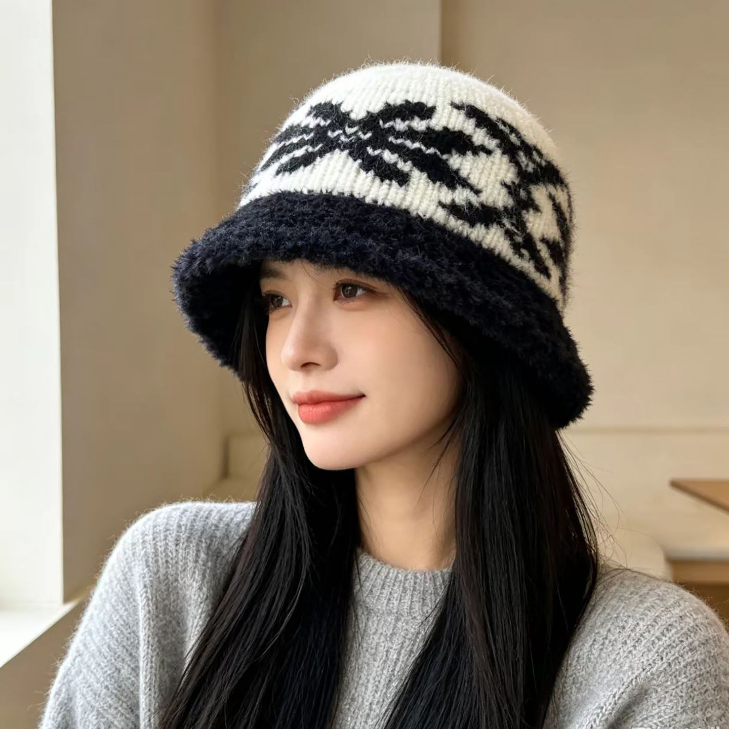 费尔岛雪花针织渔夫帽女士冬季保暖盆帽高级感显脸小水桶帽子
