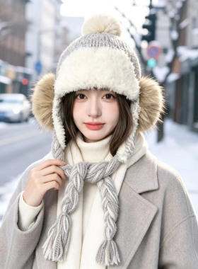 多巴胺针织冬季保暖防寒流苏护耳御寒帽子帽女毛线帽毛绒绒雷锋冒