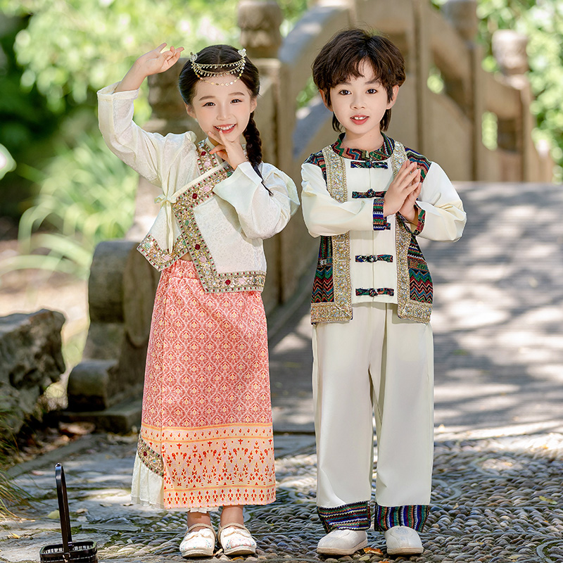 少数民族服装傣族苗族汉服三月三儿童云南男女童表演服维吾尔族潮