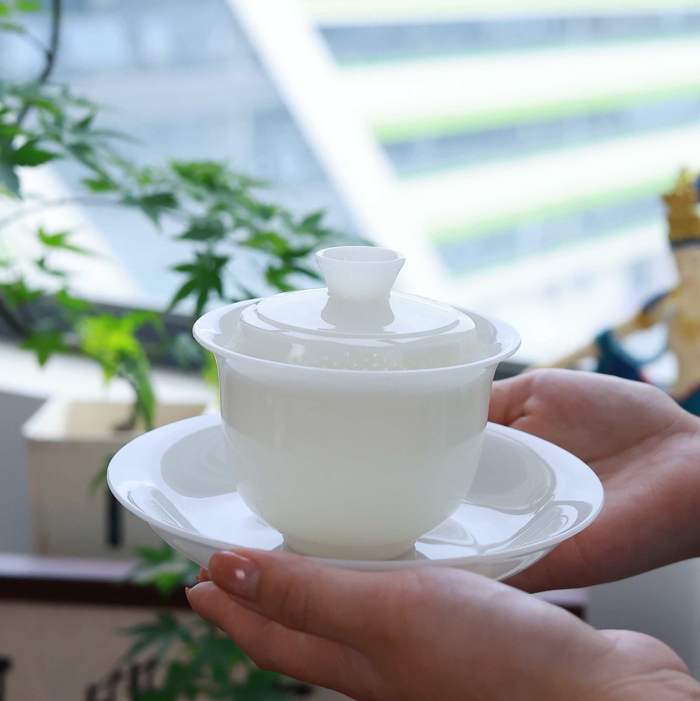 冰种璞玉360°带过滤盖碗大容量德化白瓷悬停防烫三才茶具茶器