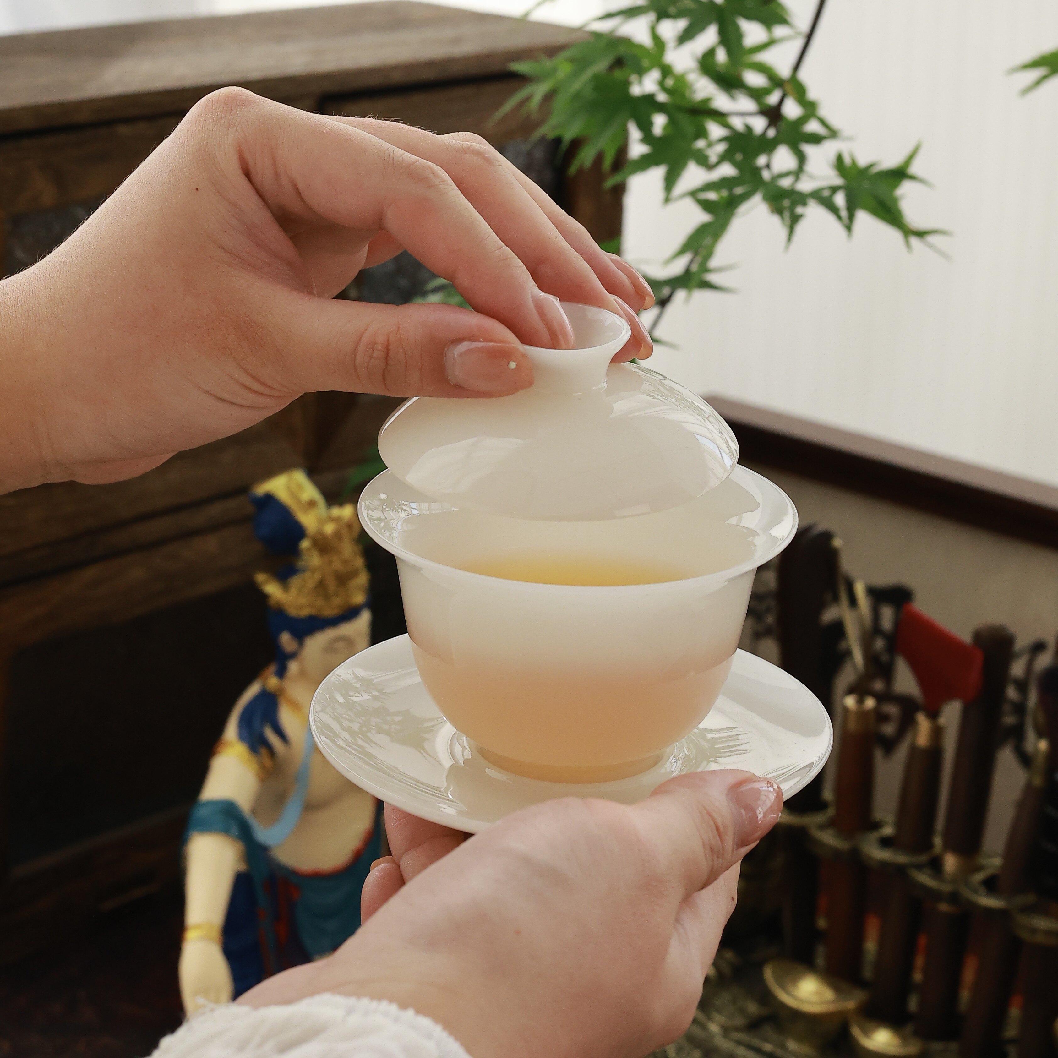 德化冰种璞玉瓷盖碗茶杯带盖功夫茶三才泡茶杯大号白瓷茶具茶碗