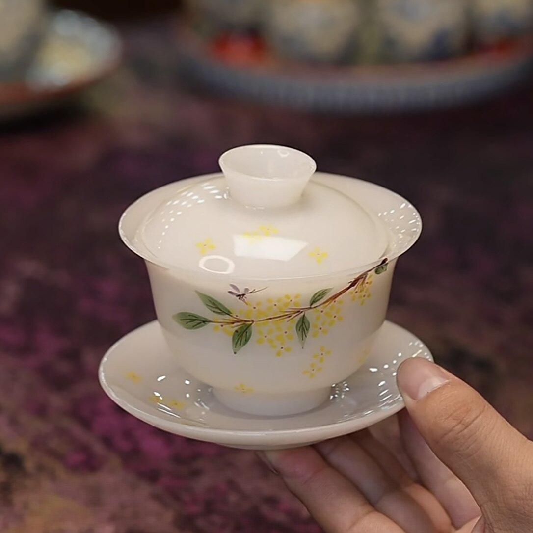 璞玉釉下彩手绘桂花陶瓷盖碗家用功夫悬停旋转白瓷泡茶碗