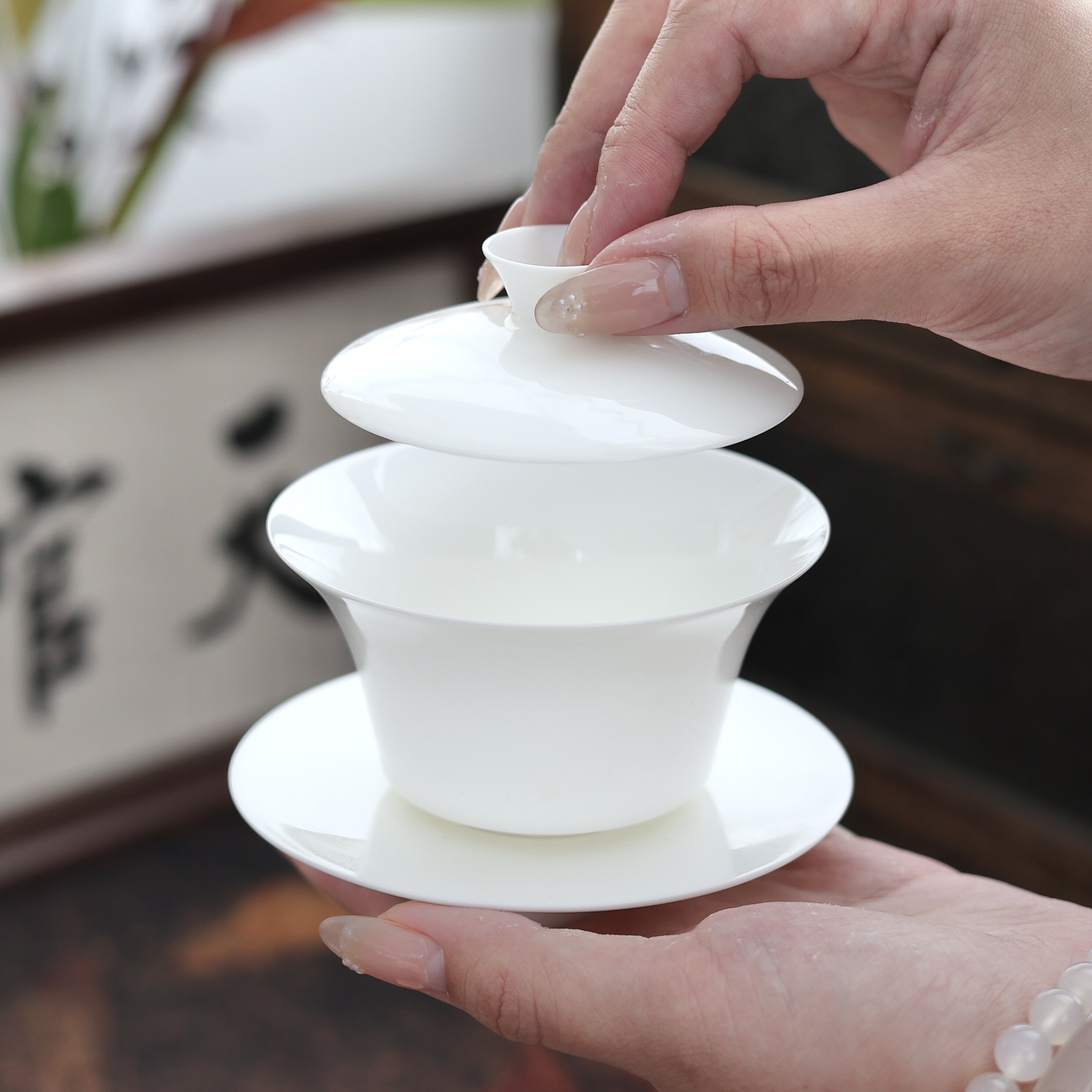 超薄胎蛋壳高端冰种盖碗茶杯高档三才功夫茶具套装家用带盖泡茶器