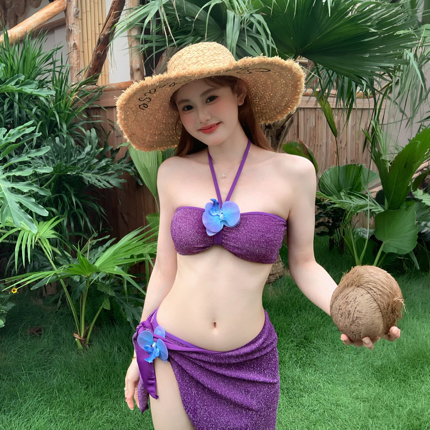 分体泳衣女高级感2026新款海边度假比基尼三件套性感绝美紫色罩衫
