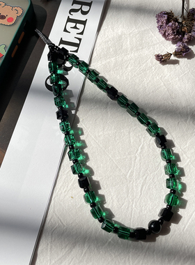 日韩风明星ins同款打卡墨绿色水晶手机链包包挂链女生手腕挂绳