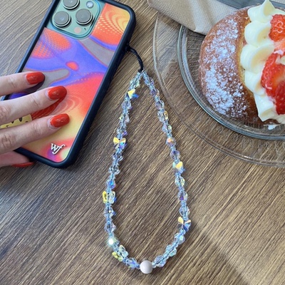 欧美小众品牌stringting同款水晶蝴蝶系列粉红色小清新手机链挂绳