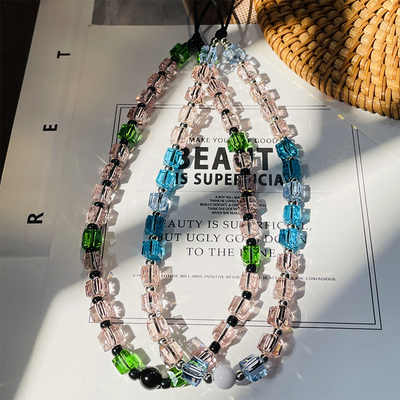 粉色少女心切角四方人造水晶挂饰品diy串珠短款手机女男生挂链条