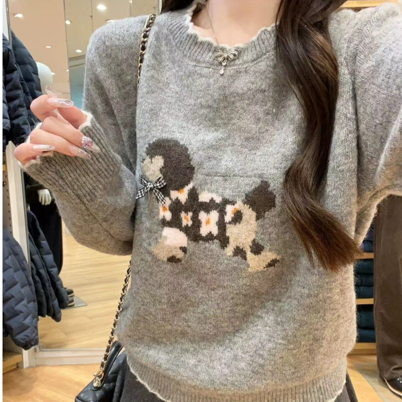 miu系小狗图案圆领木耳边套头羊毛针织衫上衣女冬季灰色显瘦毛衣