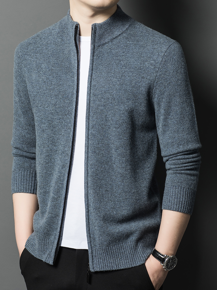 加厚100%纯羊毛500g针织开衫立领拉炼夹克男士秋冬宽松大尺寸上衣