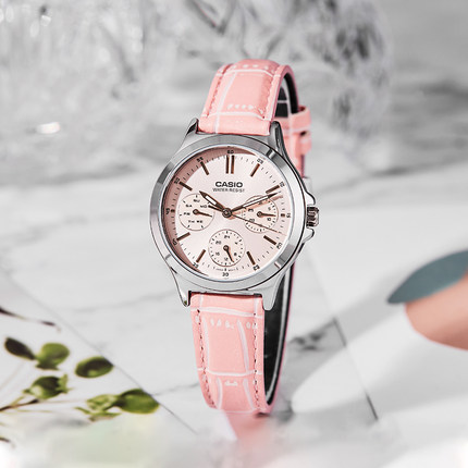卡西欧casio手表女三眼商务皮带指针石英女表LTP-V300L海外直邮