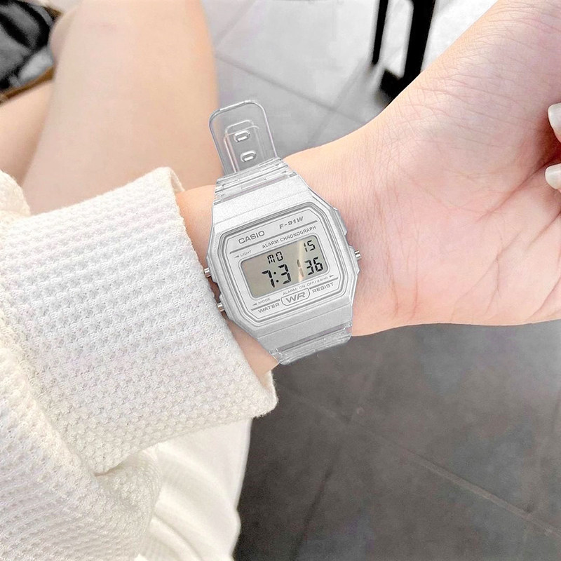 casio卡西欧学生小方块电子表儿童透明果冻男女手表f91w 海外直邮
