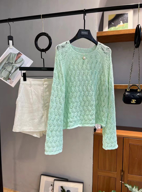 清新甜美减龄～早秋法式浪漫钩花镂空罩衫针织上衣