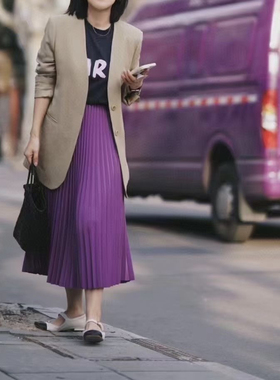 显瘦a字半身裙女春夏中长款高腰垂感时尚百搭气质百褶裙女半身裙