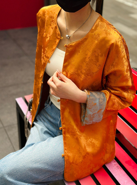 富贵金！新中式凤舞重工提花撞色袖口双面穿外套2024春新款