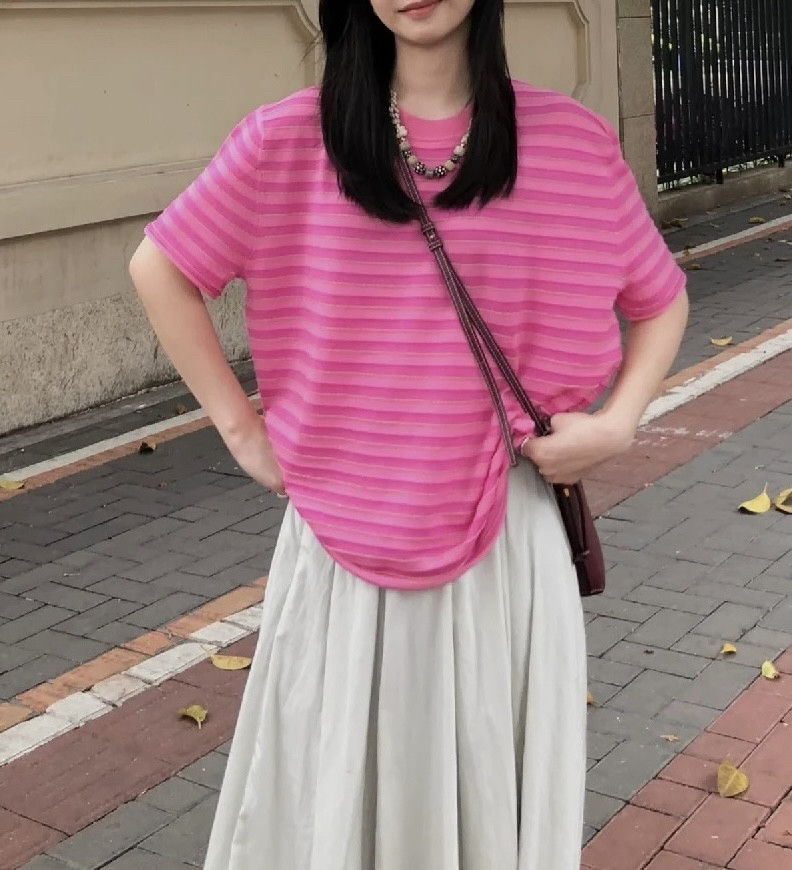 特价~羊毛重工浮雕感立体金葱条纹宽松针织短袖T恤