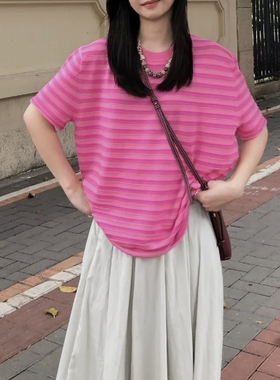 特价～羊毛重工浮雕感立体金葱条纹宽松针织短袖T恤