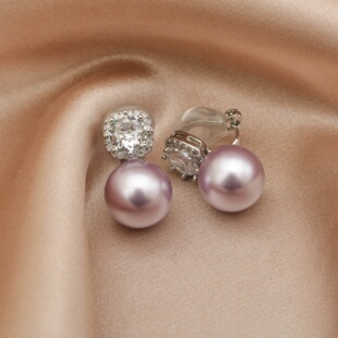 时尚 复古免打孔耳钉方形锆石超闪圆形珠珠紫色耳夹无耳洞耳环 法式