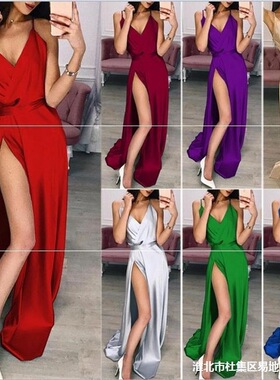 long dress Women summer 紧身开叉吊带连衣裙 платье