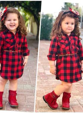 Children girls red dress 跨境女童红色格子连衣裙