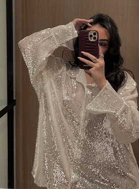 Women nightclub party top 衬衫女闪闪宽松长袖派对上衣欧美