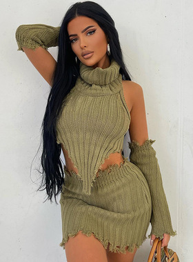 时尚辣妹针织套装高领背心上衣吊带衫露背包臀短裙破洞