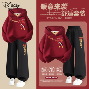 迪士尼拜年服男童2026新款男孩红色连帽保暖套装儿童冬季新年衣服
