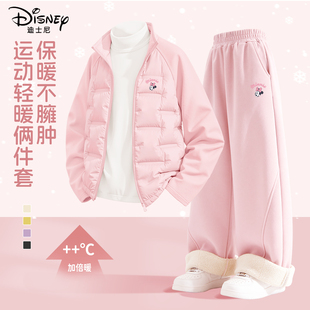 迪士尼女童加绒套装2025新款冬季粉色好看洋气加厚保暖裤儿童冬装